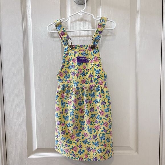 Vintage Oshkosh B'Gosh Yellow Floral Corduroy Overall USA Dress Girls SZ 5 FLAWS - Picture 1 of 16